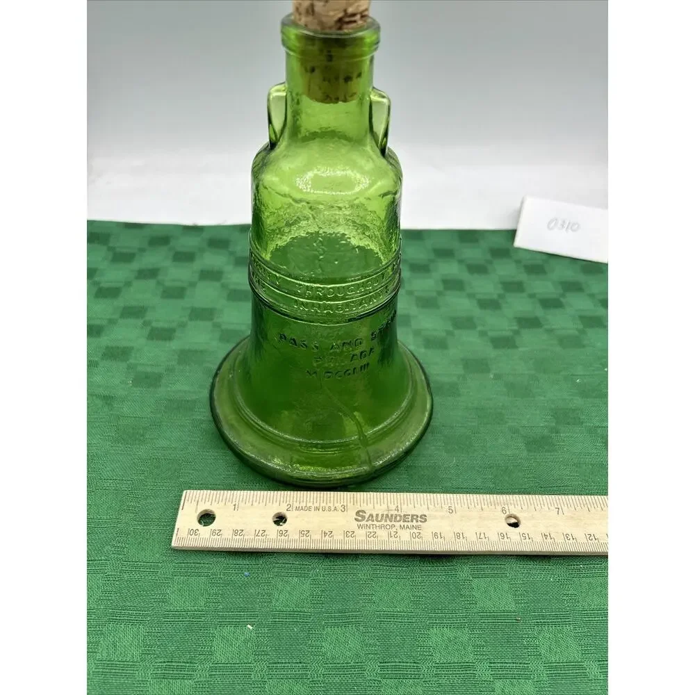 Vintage Wheaton 1970 Green Glass Liberty Bell Decanter With Cork